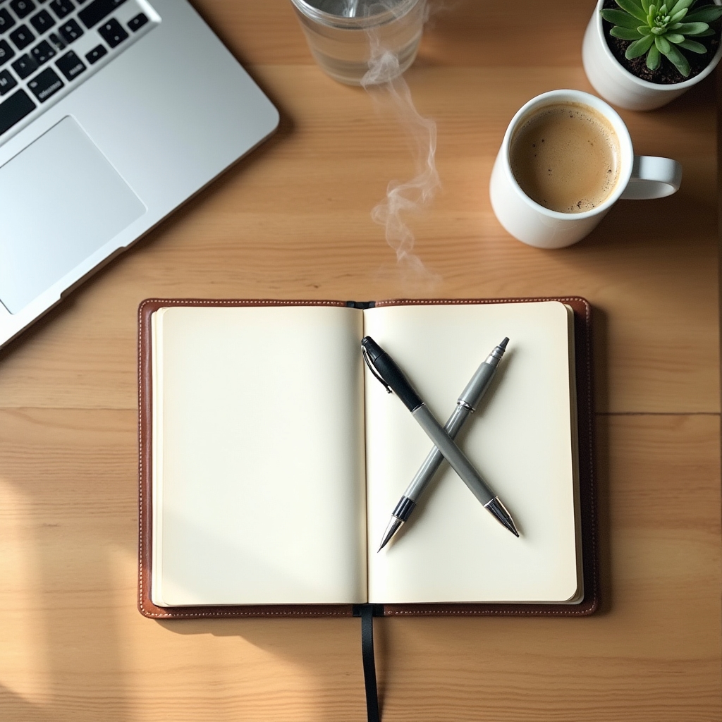 Aufgeräumter Schreibtisch mit Notizbuch und Kaffeetasse, symbolisch für den Beginn eines Schreibprojekts